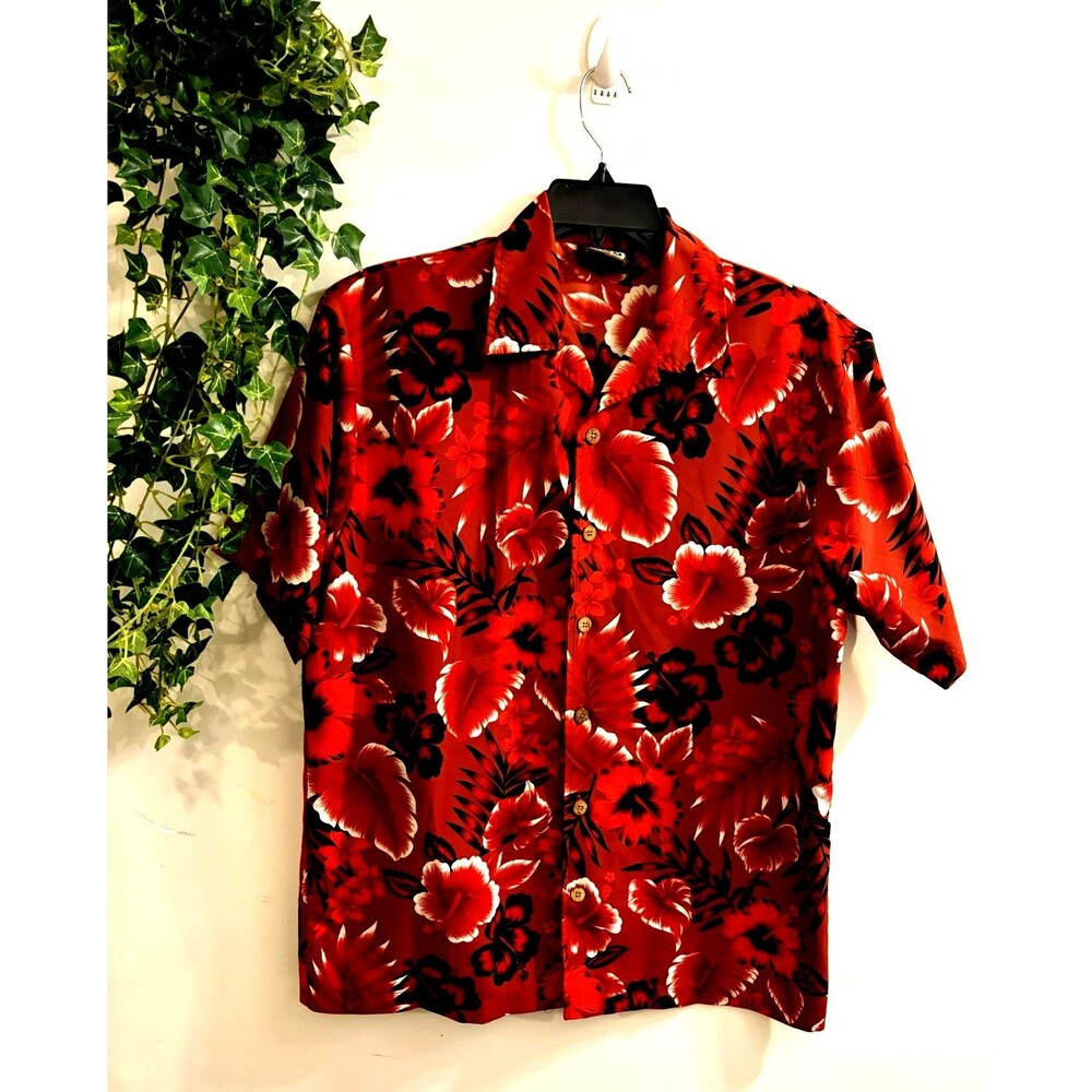 VTG Y2K ODO Hawaiian Shirt Men M Red Hibiscus Floral Tropical Aloha Camp Collar